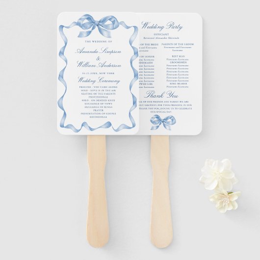 ダスティーエレガントブルーハンドドロードボウ結婚式 プログラム ハンドファン (正面&裏面)