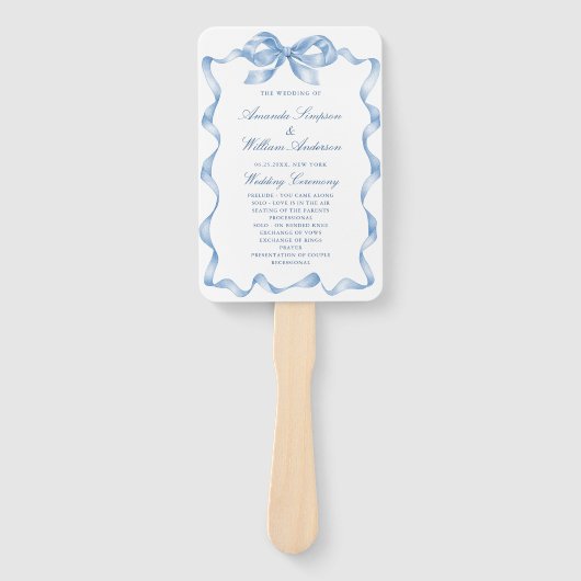 ダスティーエレガントブルーハンドドロードボウ結婚式 プログラム ハンドファン (正面)