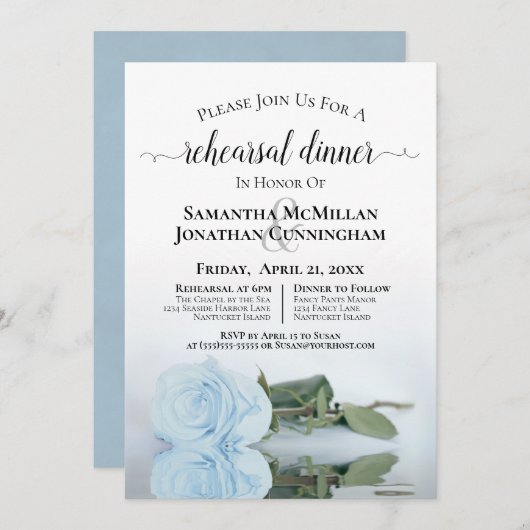 ダスティーエレガントブルーバラのリハ結婚ーサルディナー 招待状 (正面/裏面)