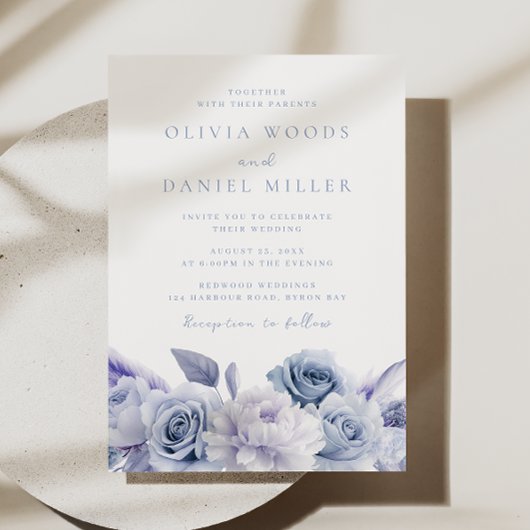 ダスティーエレガントブルーバラ結婚ズ 招待状