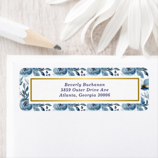 ダスティーエレガントブルーバラ金ゴールドアクセント差出人住所 ラベル (インサイチュ)