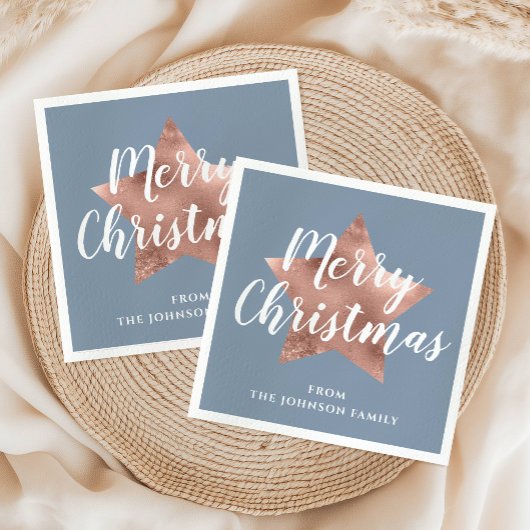 ダスティーエレガントブルーバラ金ゴールドスタークリスマス スタンダードカクテルナプキン