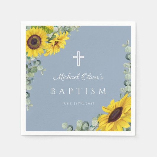 ダスティーエレガントブルーヒマワリ宗教洗礼 スタンダードカクテルナプキン (正面)