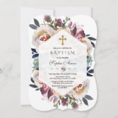 ダスティーエレガントブルーピンクフローラ幾何学的バプテスマ 招待状 (正面)