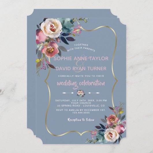 ダスティーエレガントブルーピンクフローラ金ゴールド結婚ズ 招待状 (正面/裏面)