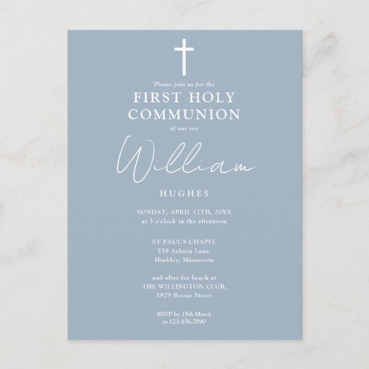 ダスティーエレガントブルーファースト聖餐式招待状 ポストカード (正面)