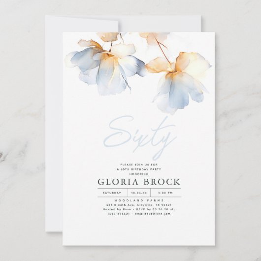 ダスティーエレガントブルーフラワーミニマル誕生日 招待状 (正面)