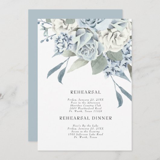 ダスティーエレガントブルーフローラのリハ結婚ーサル 招待状 (正面/裏面)