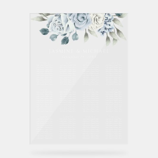 ダスティーエレガントブルーフローラの結婚座席表 アクリルサイン (正面)