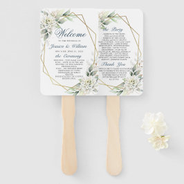 ダスティーエレガントブルーフローラの葉結婚式 プログラム ハンドファン