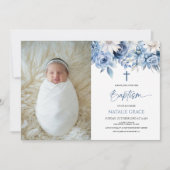 ダスティーエレガントブルーフローラカスタム写真バプテスマ 招待状 (正面)
