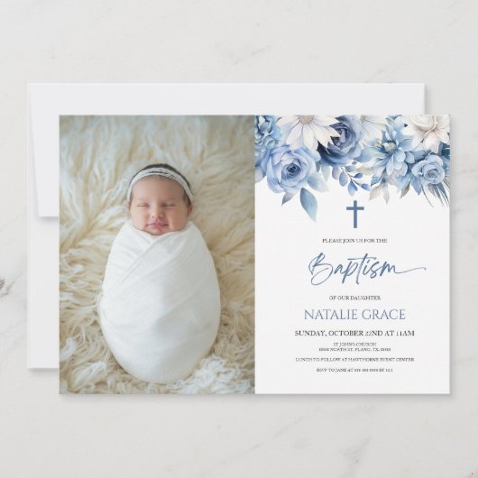ダスティーエレガントブルーフローラカスタム写真バプテスマ 招待状 (正面)