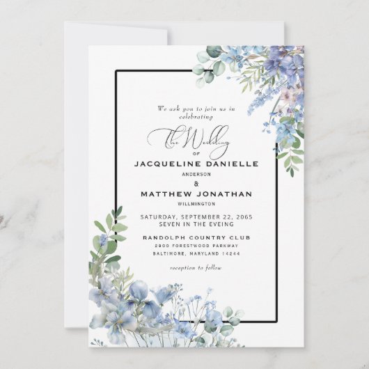 ダスティーエレガントブルーフローラグ結婚リーズ 招待状 (正面)