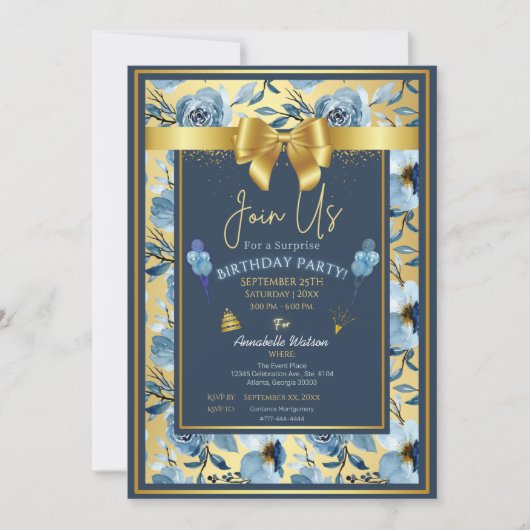 ダスティーエレガントブルーフローラサプライズ誕生日カスタム 招待状 (正面)