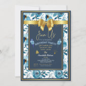 ダスティーエレガントブルーフローラサプライズ誕生日カスタム 招待状 (正面)