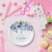 ダスティーエレガントブルーフローラバプテスマ ペーパープレート (パーティー)