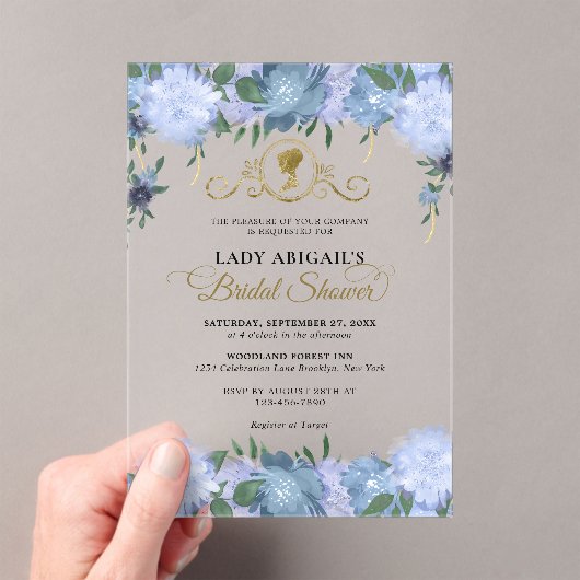 ダスティーエレガントブルーフローラビクトリアンブライダルシャワー アクリル招待状 (インサイチュ (ポータブル))