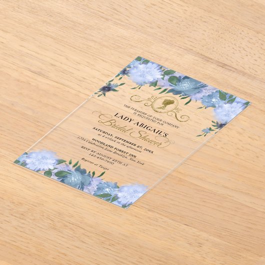 ダスティーエレガントブルーフローラビクトリアンブライダルシャワー アクリル招待状 (レイダウン)