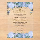 ダスティーエレガントブルーフローラビクトリアンブライダルシャワー アクリル招待状 (正面)