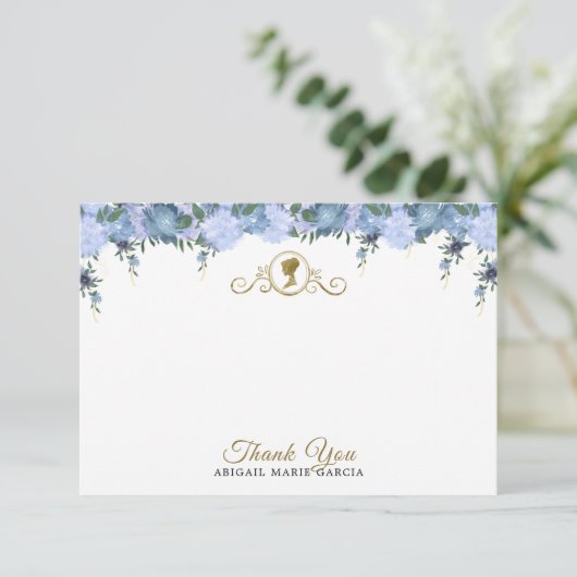 ダスティーエレガントブルーフローラビクトリアンブライダルシャワー サンキューカード (スタンド正面)