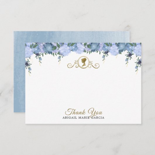 ダスティーエレガントブルーフローラビクトリアンブライダルシャワー サンキューカード (正面/裏面)
