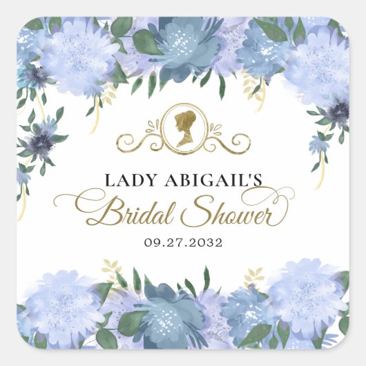 ダスティーエレガントブルーフローラビクトリアンブライダルシャワー スクエアシール (正面)