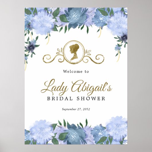 ダスティーエレガントブルーフローラビクトリアンブライダルシャワー ポスター (正面)
