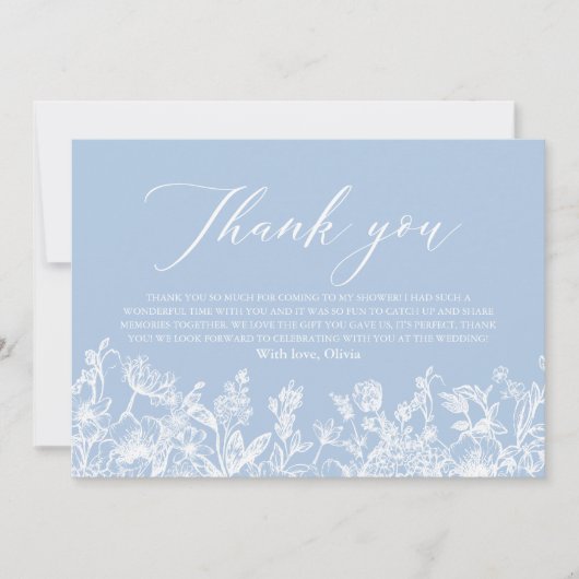 ダスティーエレガントブルーフローラブライダルシャワー サンキューカード (正面)
