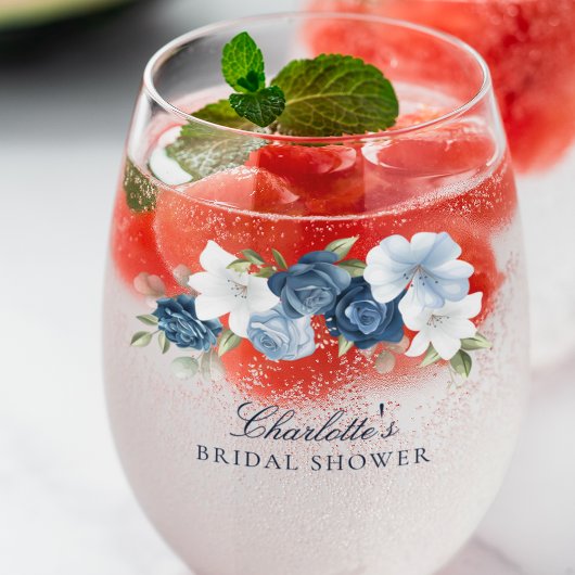 ダスティーエレガントブルーフローラブライダルシャワー ステムなしワイングラス