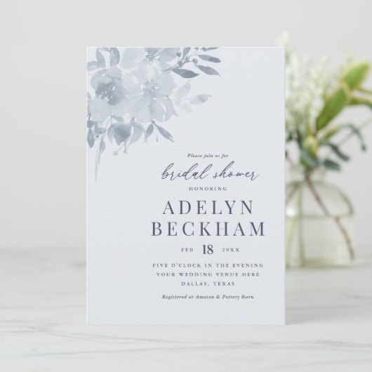 ダスティーエレガントブルーフローラブライダルシャワー 招待状 (スタンド正面)
