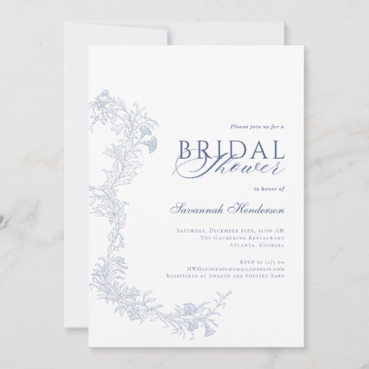 ダスティーエレガントブルーフローラブライダルシャワー 招待状 (正面)