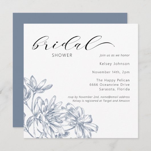 ダスティーエレガントブルーフローラブライダルシャワー 招待状 (正面/裏面)