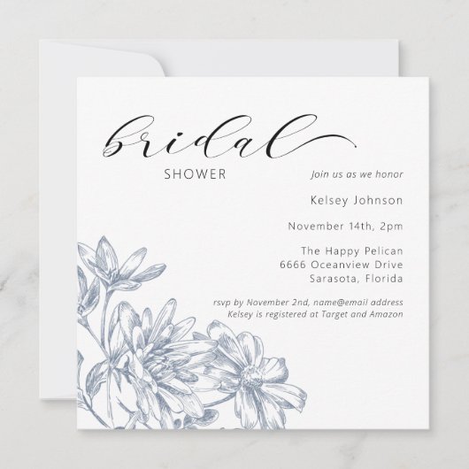 ダスティーエレガントブルーフローラブライダルシャワー 招待状 (正面)