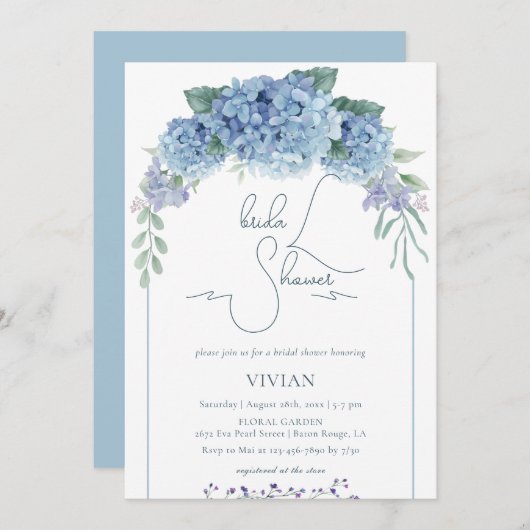 ダスティーエレガントブルーフローラブライダルシャワー 招待状 (正面/裏面)