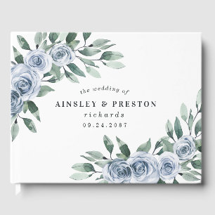 ダスティーエレガントブルーフローラボー素朴ホバラ結婚ズ ゲストブック