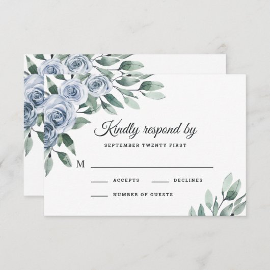 ダスティーエレガントブルーフローラボー素朴ホバラ結婚ズ 出欠カード (正面/裏面)