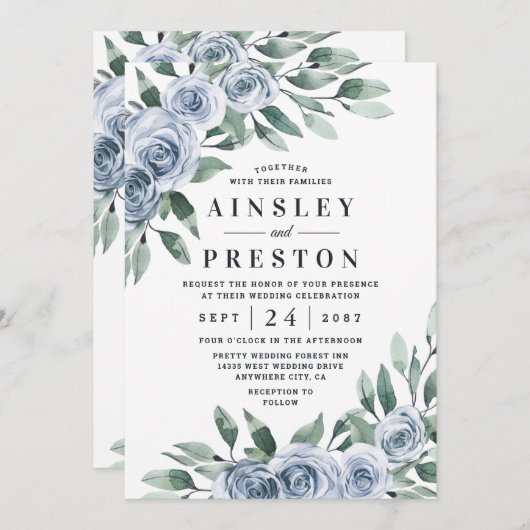 ダスティーエレガントブルーフローラボー素朴ホバラ結婚ズ 招待状 (正面/裏面)