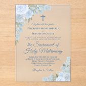 ダスティーエレガントブルーフローラモダンカソリッ結婚クス アクリル招待状 (正面)