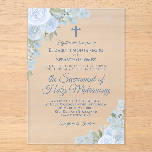 ダスティーエレガントブルーフローラモダンカソリッ結婚クス アクリル招待状 (正面)