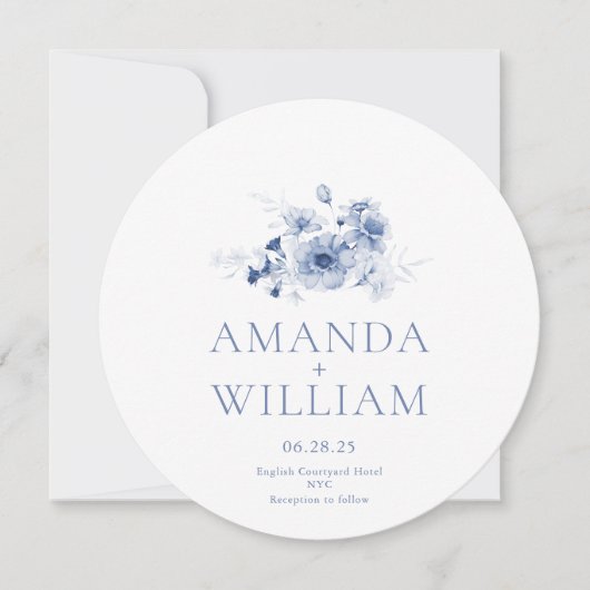 ダスティーエレガントブルーフローララウンド結婚ズ 招待状 (正面)