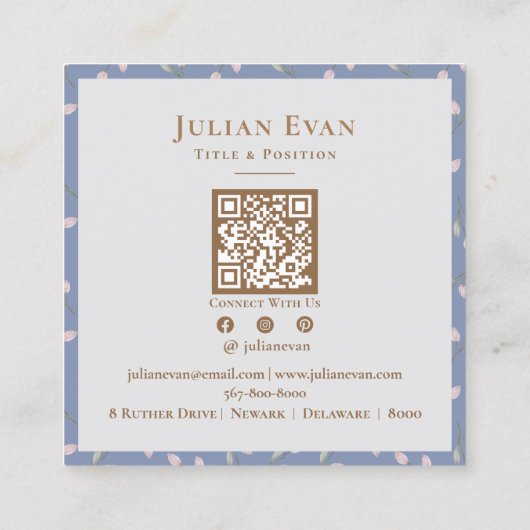 ダスティーエレガントブルーフローラルパターンビジネスカード スクエア名刺 (裏面)