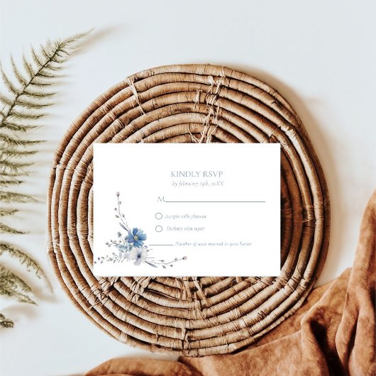 ダスティーエレガントブルーフローラル春開花結婚ズ 出欠カード