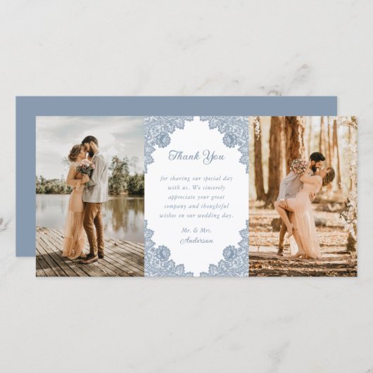 ダスティーエレガントブルーフローラレース結婚の写真 サンキューカード (正面/裏面)
