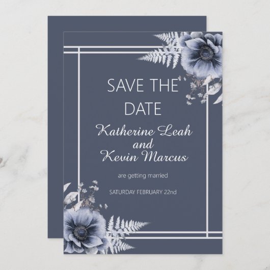ダスティーエレガントブルーフローラ保存日付 招待状 (正面/裏面)