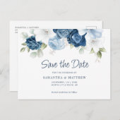 ダスティーエレガントブルーフローラ保存日付 案内ポストカード (正面/裏面)