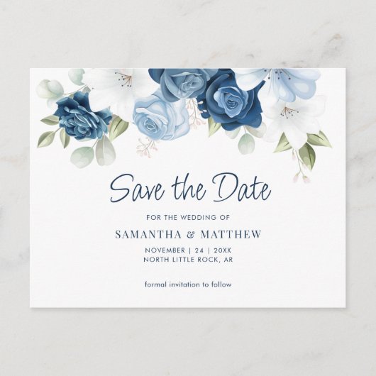 ダスティーエレガントブルーフローラ保存日付 案内ポストカード (正面)