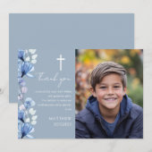 ダスティーエレガントブルーフローラ写真の確認 サンキューカード (正面/裏面)