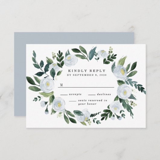 ダスティーエレガントブルーフローラ素朴庭園の結婚式 出欠カード (正面/裏面)