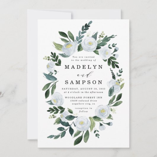 ダスティーエレガントブルーフローラ素朴庭園の結婚式 招待状 (正面)