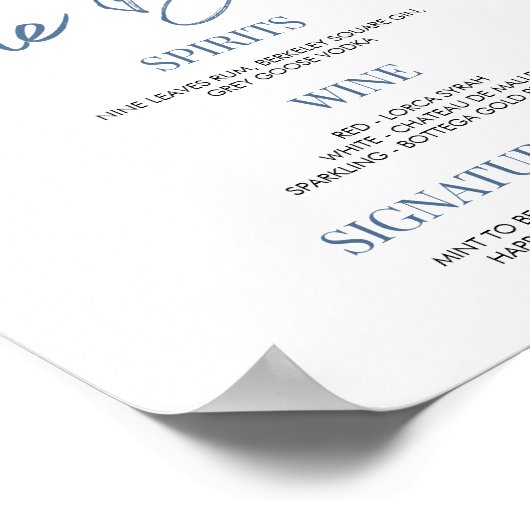 ダスティーエレガントブルーフローラ結婚のブライダルバー標識 ポスター (角)